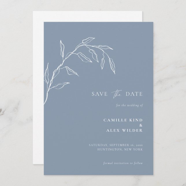 Modern Botanical Minimal Leaf Wedding Dusty Blue Save The Date (Front/Back)