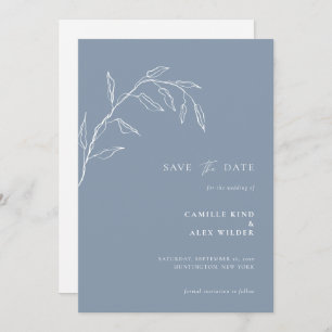 Modern Botanical Minimal Leaf Wedding Dusty Blue Save The Date