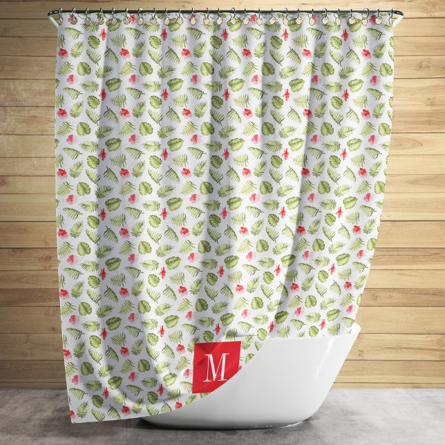 Modern Botanical Monogram Shower Curtain (Modern Monogram Tropical Palm Leaves Pattern Shower Curtain)
