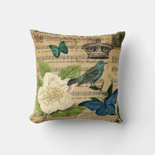 modern botanical music notes french bird Camellia Cushion (Front)