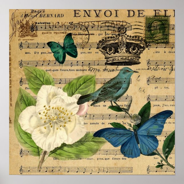 modern botanical music notes french bird Camellia Poster (Front)