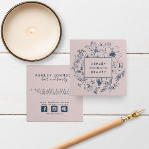 Modern Botanical Navy Blue + Blush Pink Square  Business Card