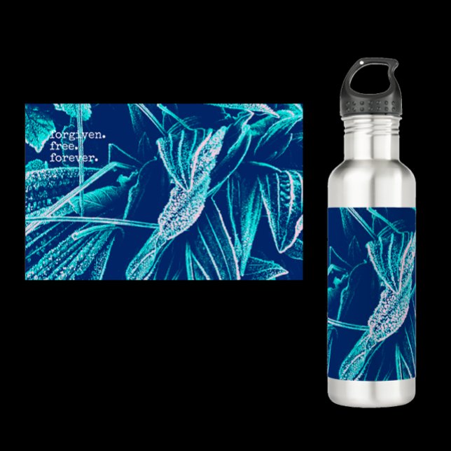 Modern botanical navy green inspirational bottle (Forgiven. Free. Forever. Unique cool modern turquoise water bottle. Minimalistic script. Botanical
)