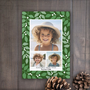 Modern botanical olive green - 3 photo holiday card