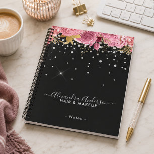 Modern Botanical Pink Floral Diamonds Glitter Notebook