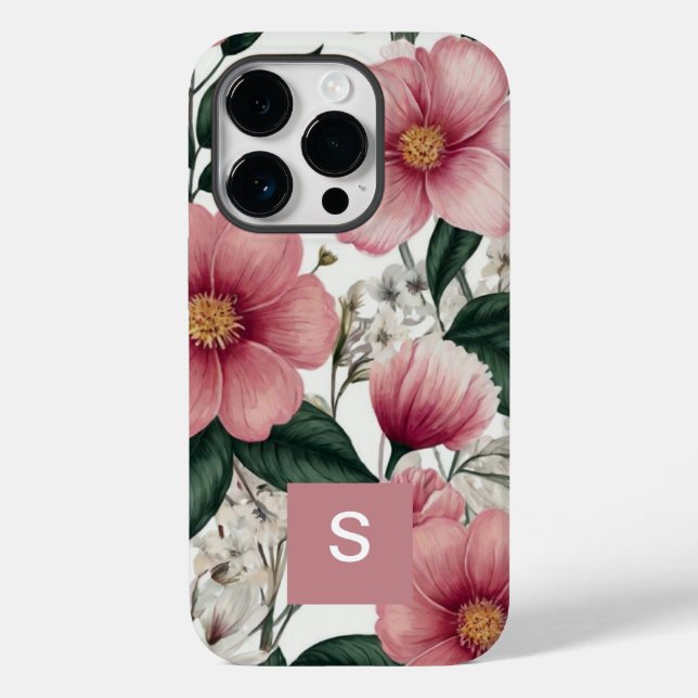 Modern Botanical Pink Flowers Monogrammed Case-Mate iPhone Case (Back)