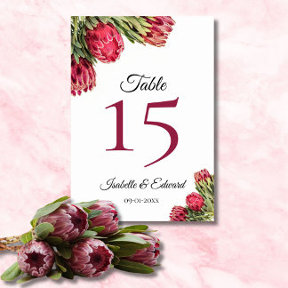 Modern Botanical Pink Protea Floral Wedding Table Number