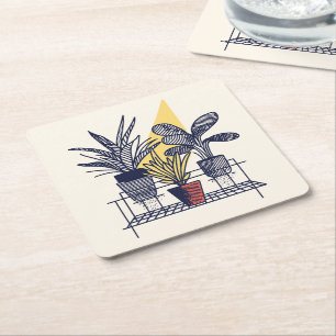 Modern Botanical potted house Plant Illustration Square Paper Coaster