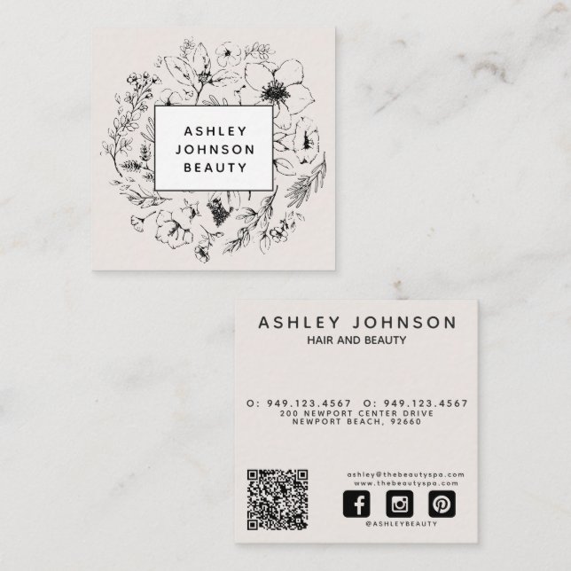 Modern Botanical QR Code Blush Pink  Square Business Card (Front/Back)