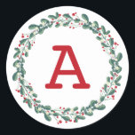 Modern Botanical Red Berry Christmas Monogram Classic Round Sticker<br><div class="desc">Add a festive pop to your holiday envelopes. Your monogram is placed inside a minimalist and modern green botanical Christmas wreath with tiny red berries. Lots of white space give it a very modern vibe. It's really farmhouse chic design. Super easy and fast to add your own monogram. If you're...</div>