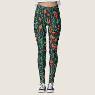 Modern Botanical Red Green Leaves Floral Pattern Leggings
