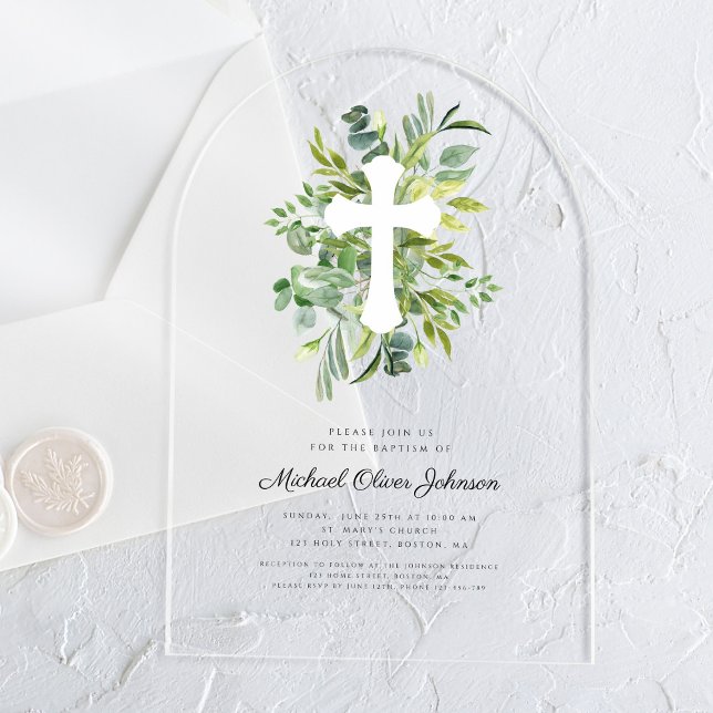 Modern Botanical Religious Cross Baptism Acrylic Invitations (Modern Botanical Religious Cross Baptism Acrylic Invitations)