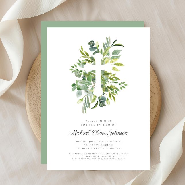 Modern Botanical Religious Cross Baptism Invitation (Modern Botanical Religious Cross Baptism Invitation)