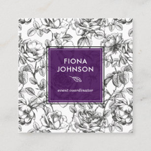 Modern Botanical Rose Black and White Purple Hint Square Business Card