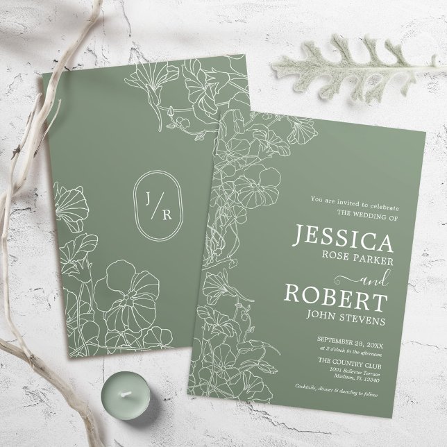 Modern Botanical Sage Green Wedding Invitation (Creator Uploaded)