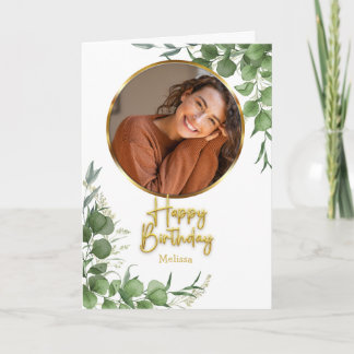 Modern Botanical Script Circle Photo Birthday Card