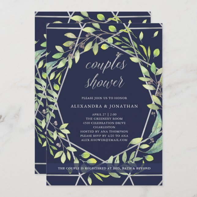 Modern Botanical | Silver and Blue Couples Shower Invitation (Front/Back)