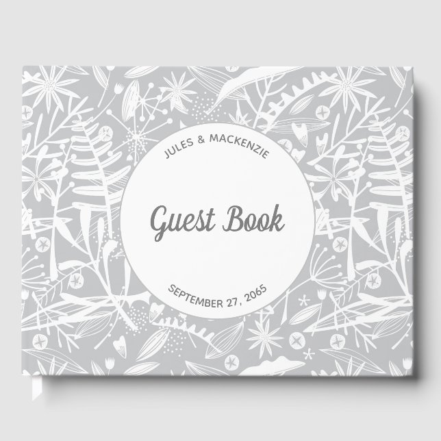 Modern Botanical Silver Grey Wedding Guest Book (Front)