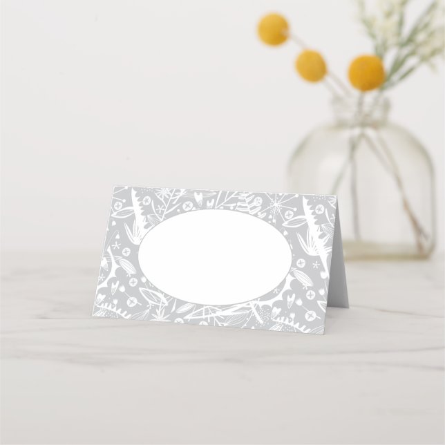 Modern Botanical Silver Grey Wedding Place Card (Front)