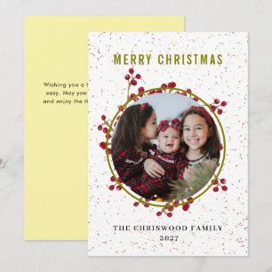 Modern Botanical Speckled Merry Christmas Photo  Holiday Card