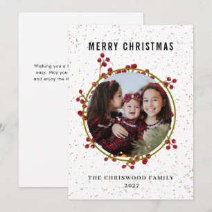 Modern Botanical Speckled Merry Christmas Photo  Holiday Card
