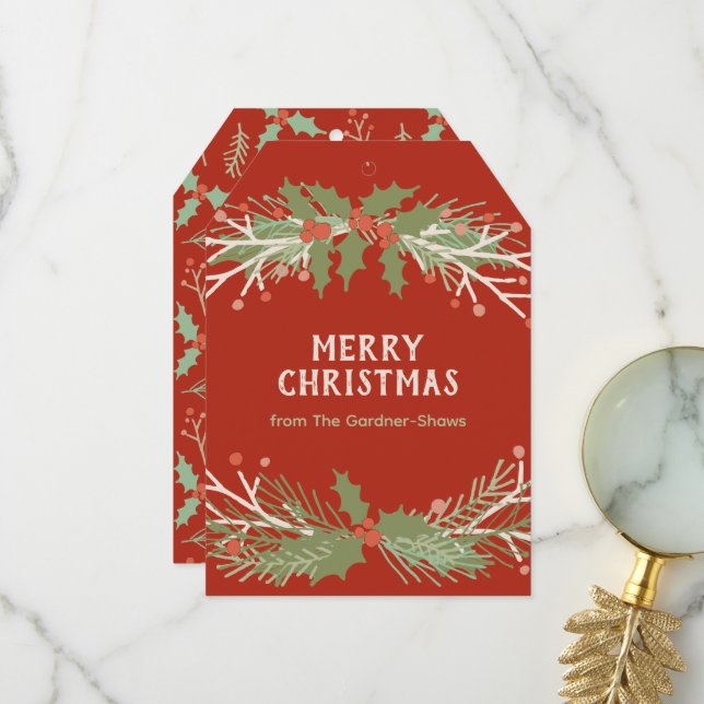 Modern Botanical Tag Shaped Holiday Card (Front/Back In Situ)