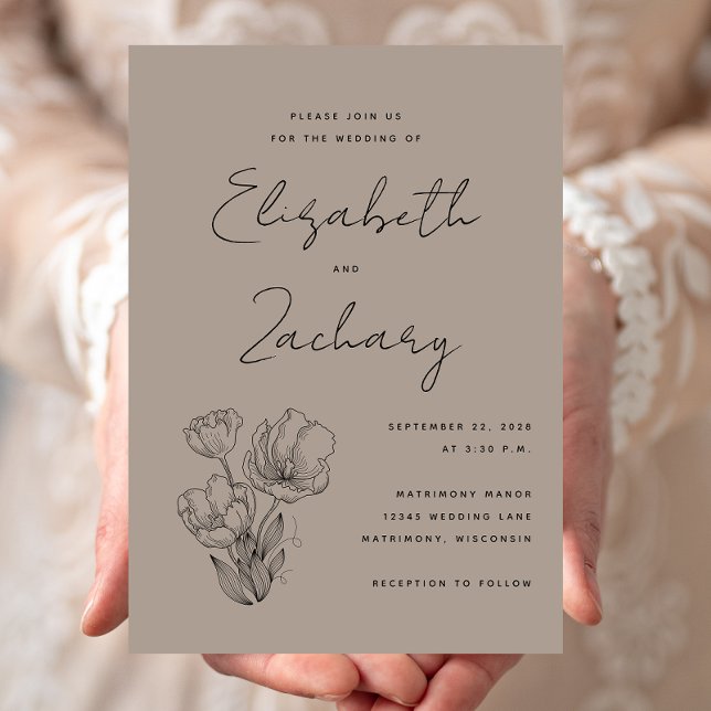Modern Botanical Taupe Black Wedding Invitation (Creator Uploaded)