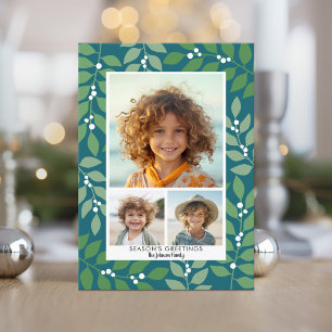 Modern botanical teal green - 3 photo holiday card