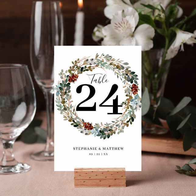 Modern Botanical Watercolor Wreath Wedding Table Number (Winter watercolor wreath boho design table number card is perfect for your wedding reception.)