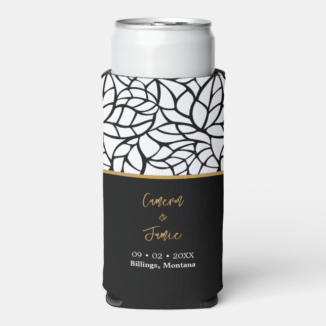 Modern Botanical Wedding Names Date Location Seltzer Can Cooler (Seltzer Front)