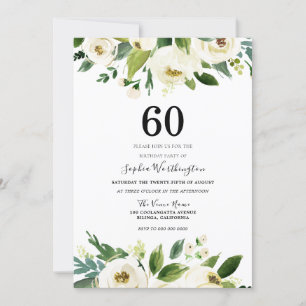 Modern Botanical White Floral 60th Birthday Party Invitation