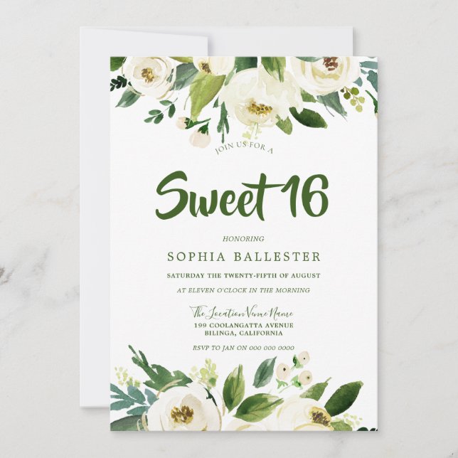 Modern Botanical White Floral Spring Sweet 16 Invitation (Front)