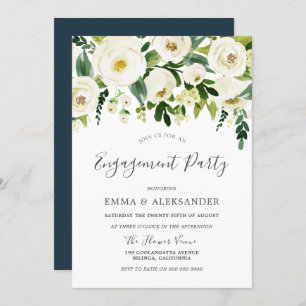 Modern Botanical White Flowers Engagement Party Invitation