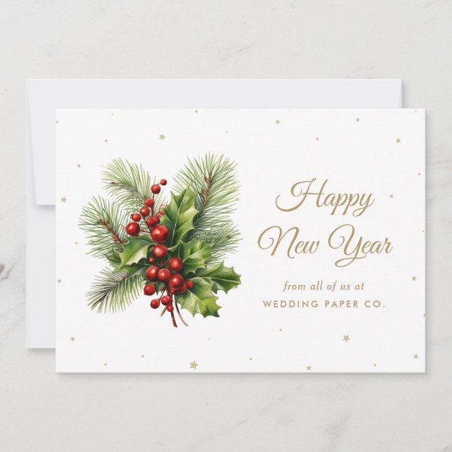 Modern Botanical White Gold Business New Year Card (Front)