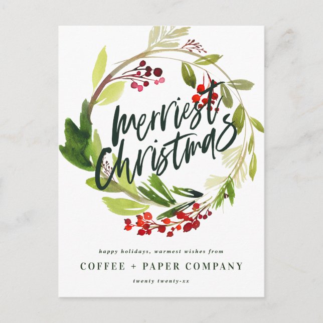 Modern botanical wreath chic elegant corporate holiday postcard (Front)