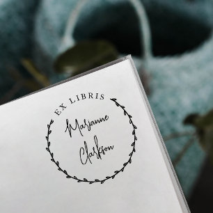 Modern Botanical Wreath Custom Name Ex Libris Self-inking Stamp