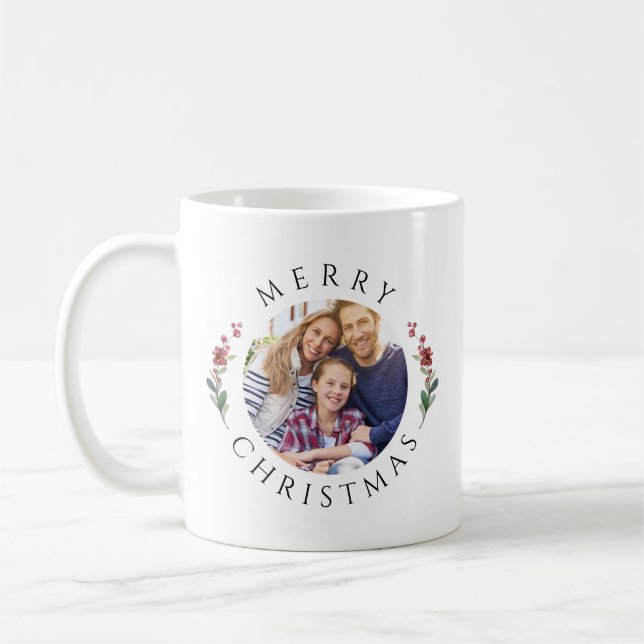 Modern Botanical Wreath Photo Christmas Coffee Mug (Left)