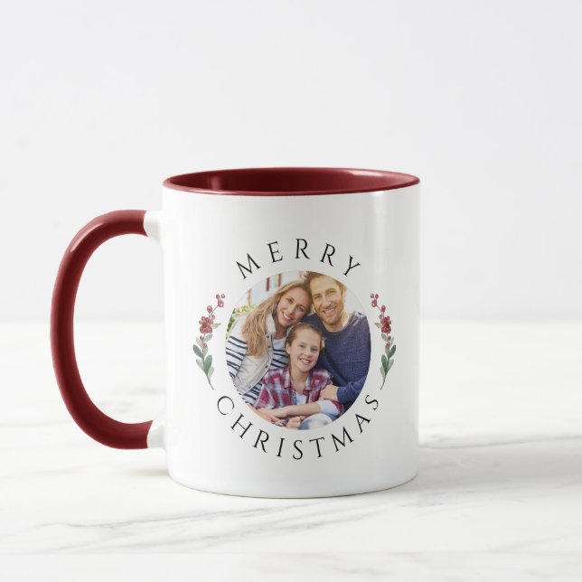 Modern Botanical Wreath Photo Christmas Mug (Left)