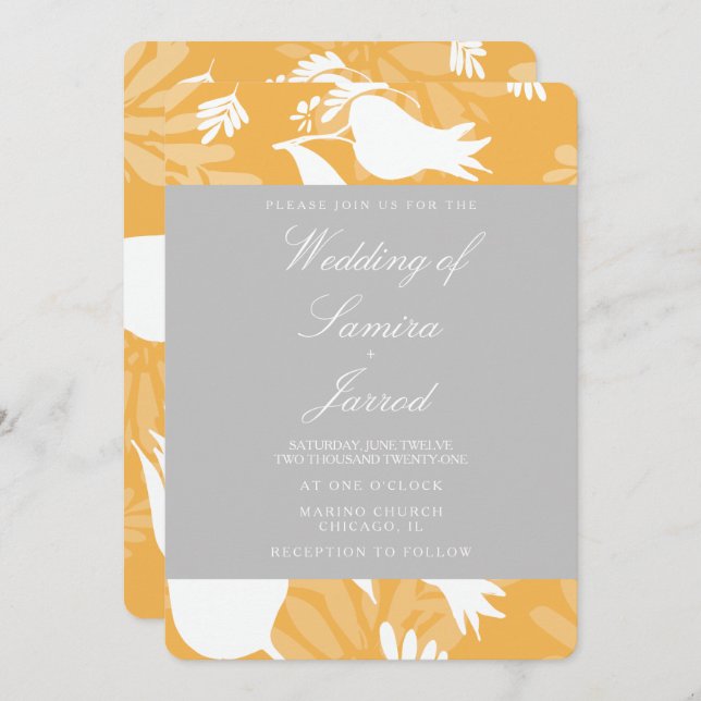 Modern Botanical Yellow Grey Floral Tulip Wedding Invitation (Front/Back)