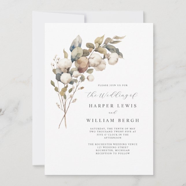 Modern bouqet watercolor cotton qr code wedding invitation (Front)