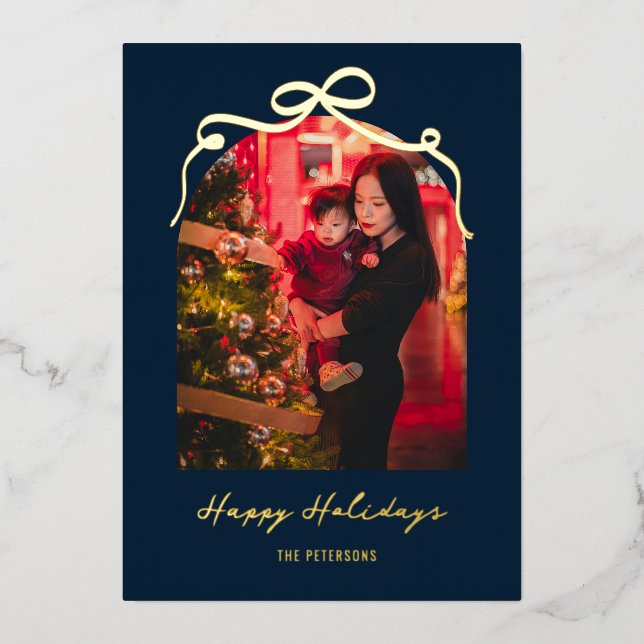 Modern Bow Arch Chic Blue Christmas Photo Gold Foil Holiday Card (Front)