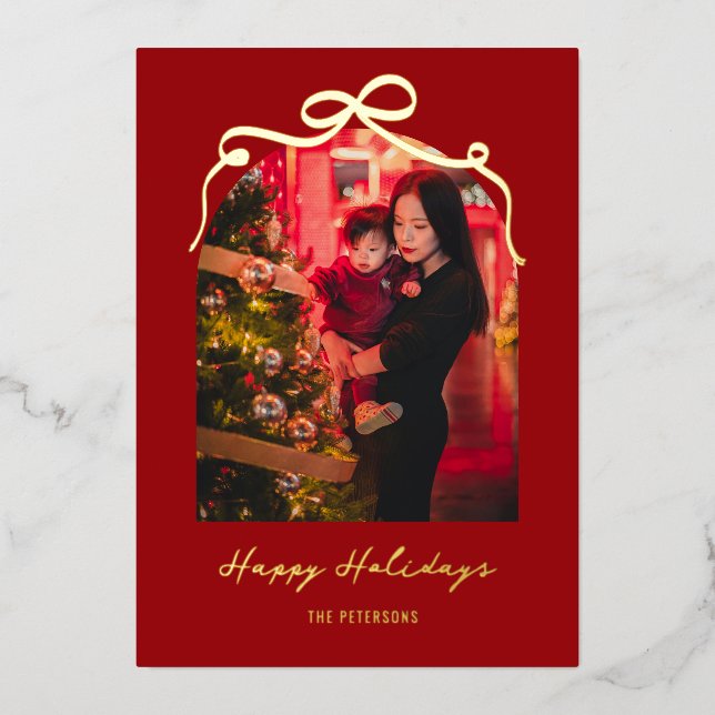 Modern Bow Arch Chic Red Christmas Photo Gold Foil Holiday Card (Front)