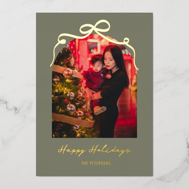 Modern Bow Arch Elegant Christmas Photo Gold Foil Holiday Card (Front)