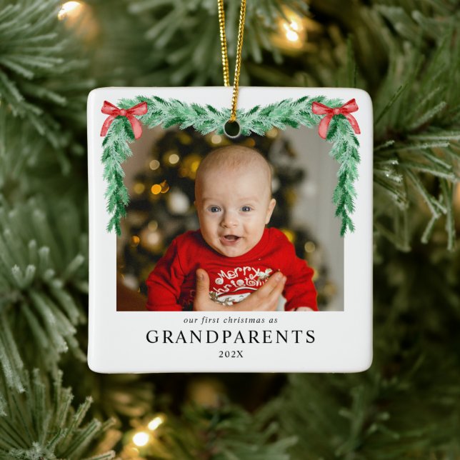 Modern Bow First Christmas as Grandparents Photo Ceramic Ornament (Tree)