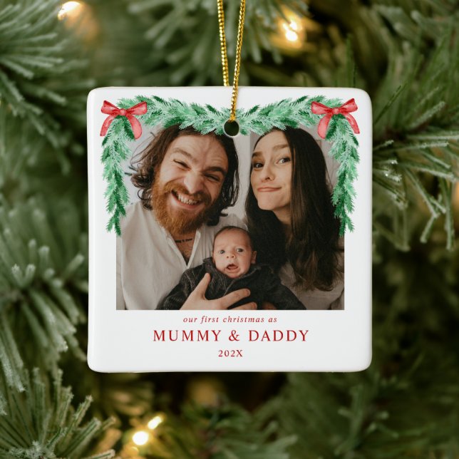 Modern Bow First Christmas as Mummy & Daddy Photo Ceramic Ornament (Tree)