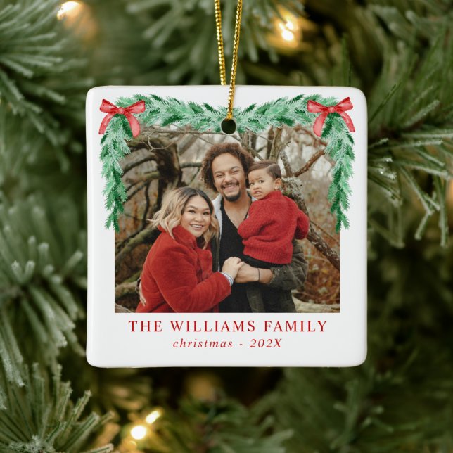 Modern Bow Merry Christmas Family Photo Ceramic Ornament (Tree)