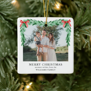 Modern Bow Merry Christmas Family Photo Ceramic Ornament