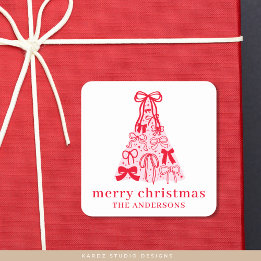 Modern Bow Pink Red Christmas Tree Square Sticker