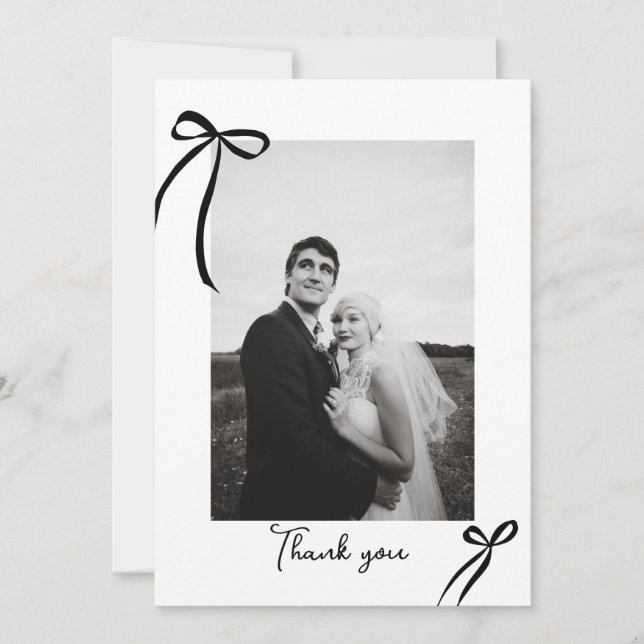 Modern Bow Wedding Photo Thank You Card (Front)