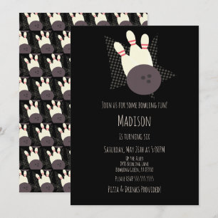 Modern Bowling Alley Birthday Party Black Invitation